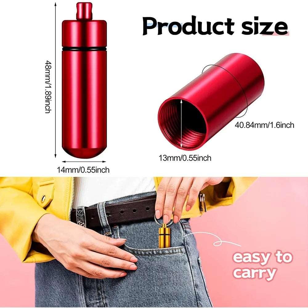 "Red Aluminum Keychain Pill Case showing dimensions and easy portability, with a person placing it in their jeans pocket."