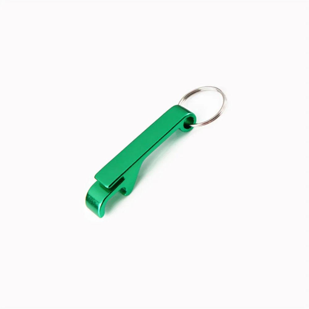 Green aluminum alloy bottle opener with keyring.