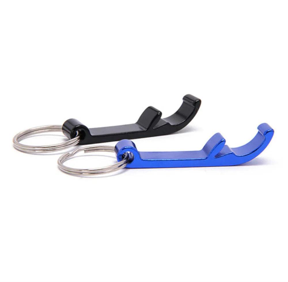 Two Flesopener aluminum alloy bottle openers in black and blue, featuring keyrings for easy portability.