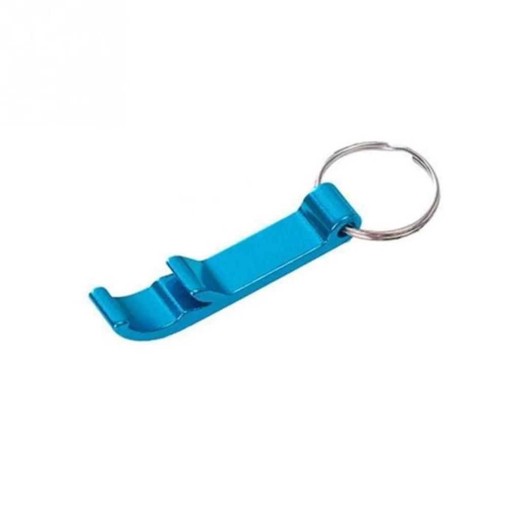 Blue multifunctional aluminum alloy bottle opener with keyring attachment.