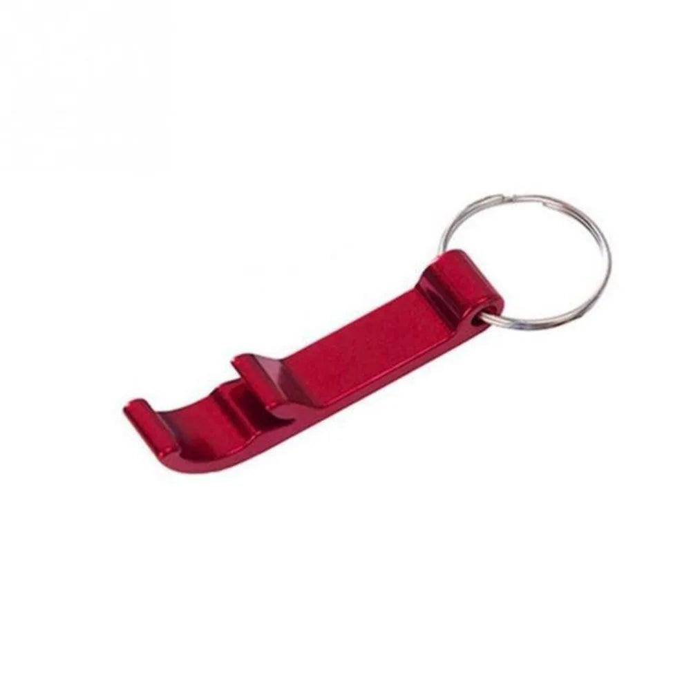 Red aluminum alloy bottle opener with keyring attachment, multi-functional and portable kitchen and bar tool.