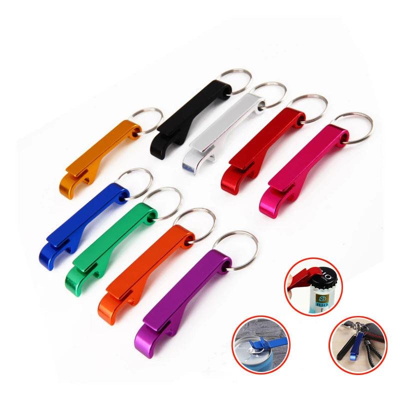 Colorful aluminum alloy bottle openers with keyrings, available in nine different colors, shown with close-up images demonstrating usage on a bottle and a can.