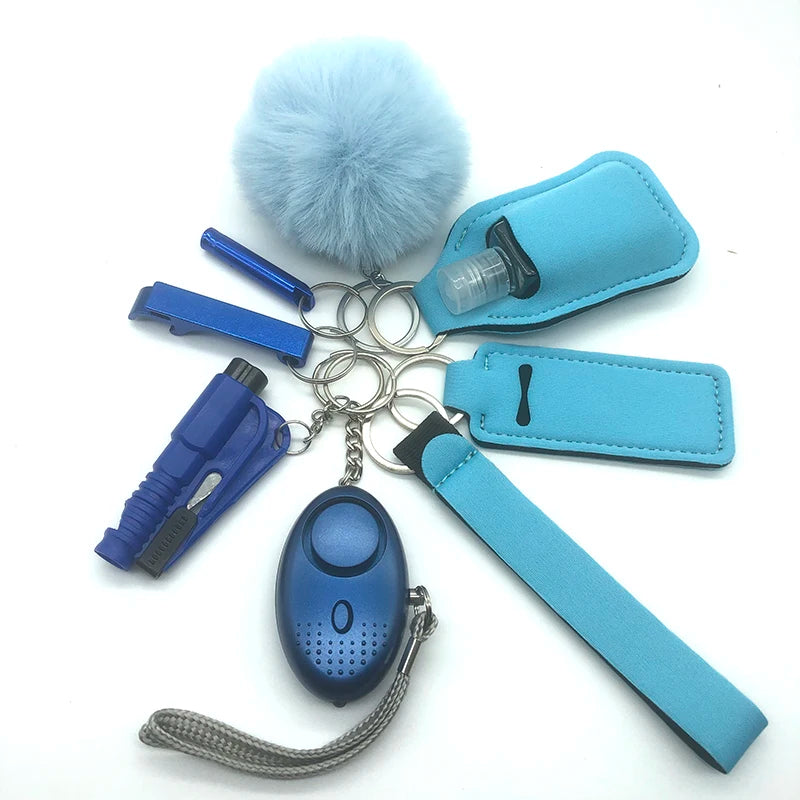 Outdoor Self Defense Keychain Accessories, featuring keychains in blue shades with various safety tools and a fluffy pom-pom. Loving EasyLife, Safety Keychain, AVADA - Best Sellers