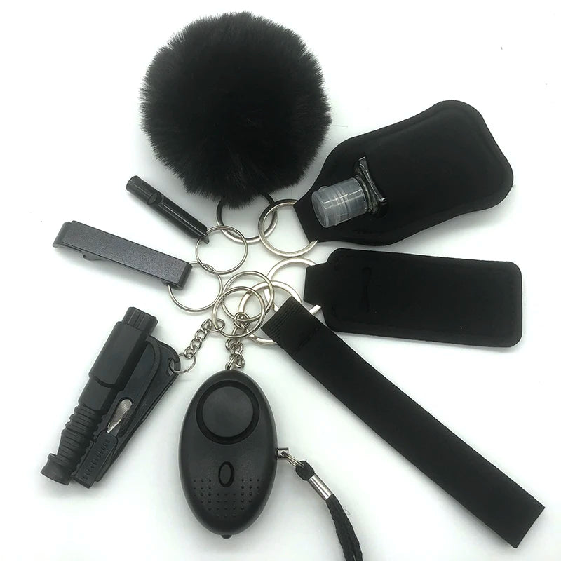 Outdoor self-defense keychain accessories for women, including alarm clock, pom pom, sanitizer holder, and tool, in a casual and sporty style, Loving EasyLife, Safety Keychain, AVADA - Best Sellers