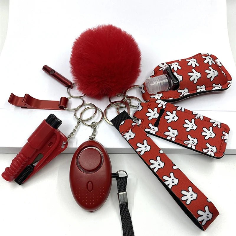 Red and white 8-piece SafetyKey set including self-defense tools and accessories, featuring a stylish design with high-quality brass, luxurious and elegant appearance.